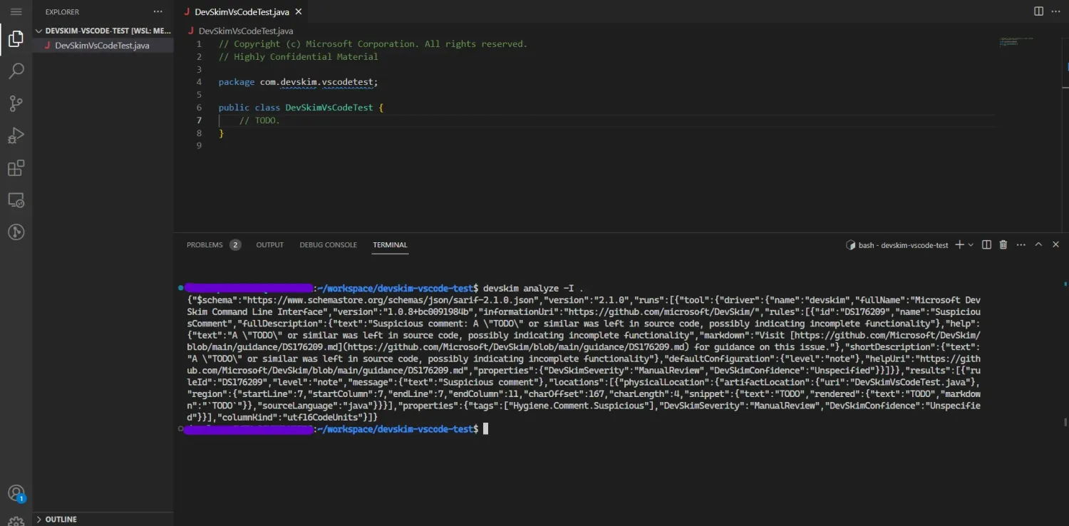 Microsoft DevSkim VS Code extension running devskim analyze in the integrated terminal on DevSkimCodeTest.java, returning SARIF-style JSON output with ruleId DS176298 and severity markers β the pattern-scanning model described in the prose