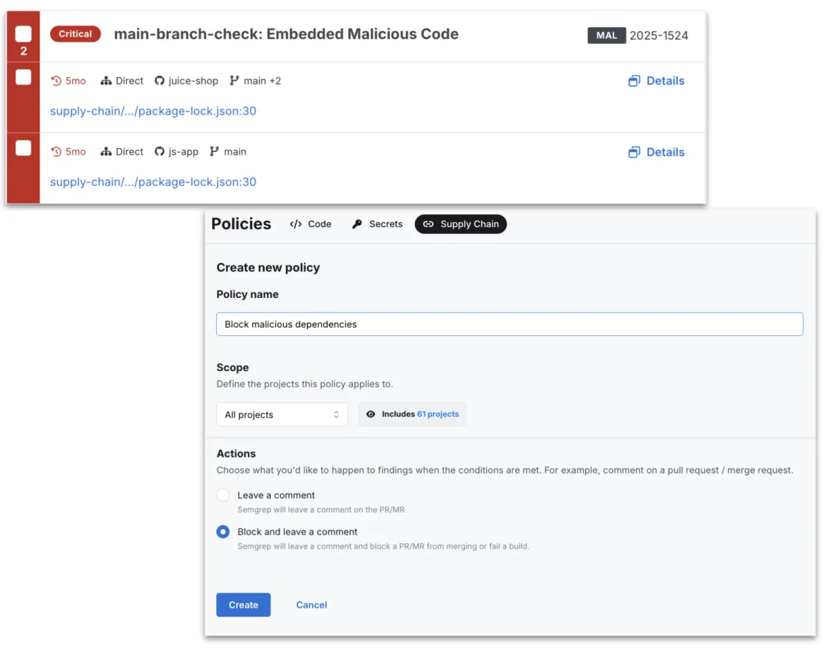 Semgrep policy editor with Supply Chain tab selected, creating a Block malicious dependencies policy scoped to all projects with the Block and leave a comment action, alongside a Critical severity main-branch-check Embedded Malicious Code finding on package-lock.json line 30