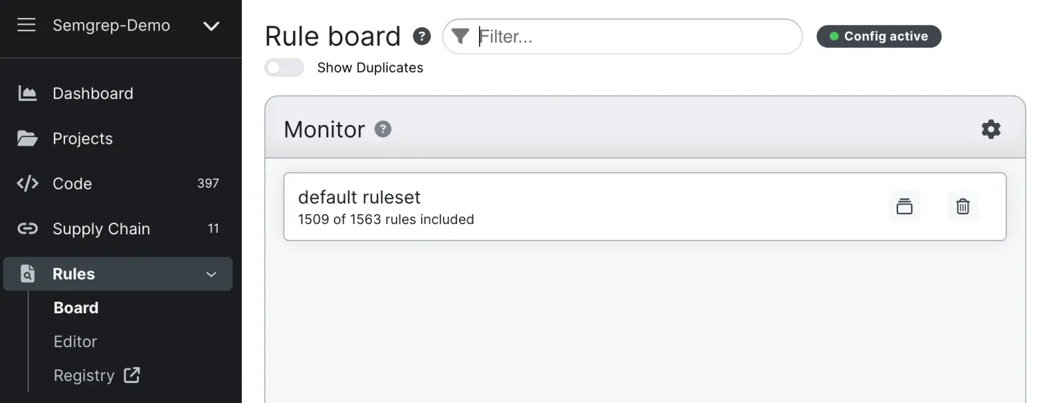 Semgrep AppSec Platform Rule board showing an active default ruleset with 1,509 of 1,563 rules included across Code (397), Supply Chain (11), and Rules modules — concrete evidence of the Semgrep Registry scale described in the prose