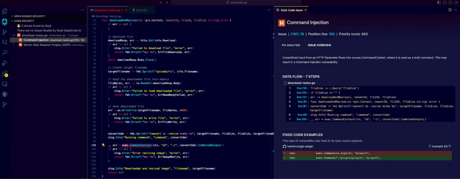Snyk Code finding in VS Code on a Go file (download-resize.go): Command Injection CWE-78 at position 100, priority score 850, with a 7-step data flow trace from downloadedResize through exec.Command and CombinedOutput — the cross-file Go taint analysis described in the prose