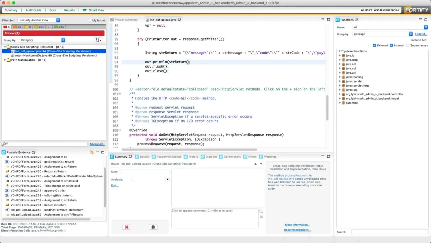 Fortify Audit Workbench reviewing a Cross-Site Scripting Persistent finding in init_pdf_upload.java line 94 with the Analysis Evidence panel tracing the taint flow from VDHPDFForm.java assignments to the PrintWriter.println sink - Fortify's enterprise Java audit workflow