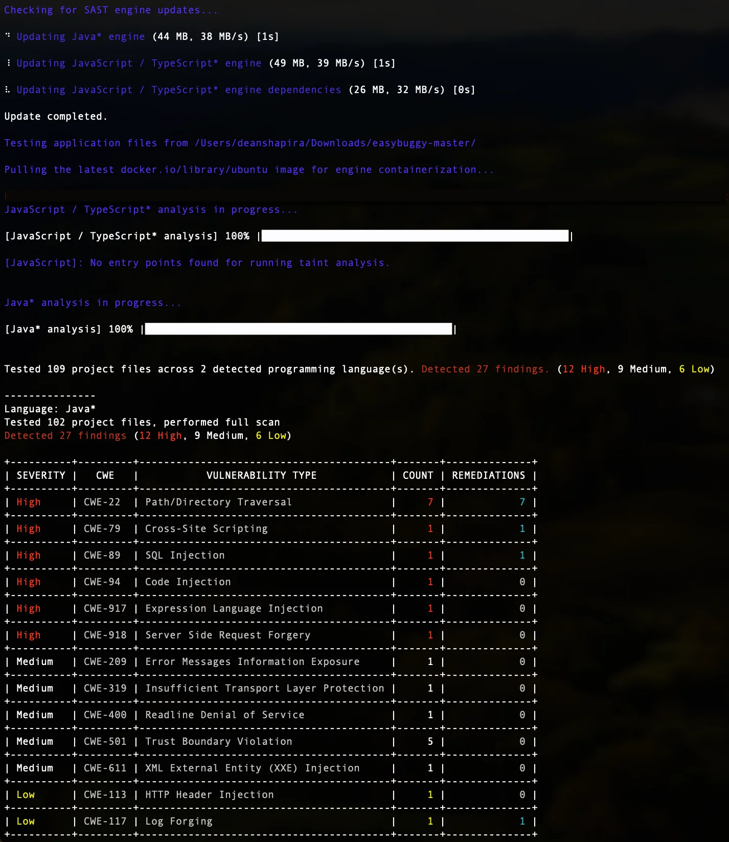Mend SAST security findings dashboard showing JavaScript vulnerabilities with severity and fix recommendations