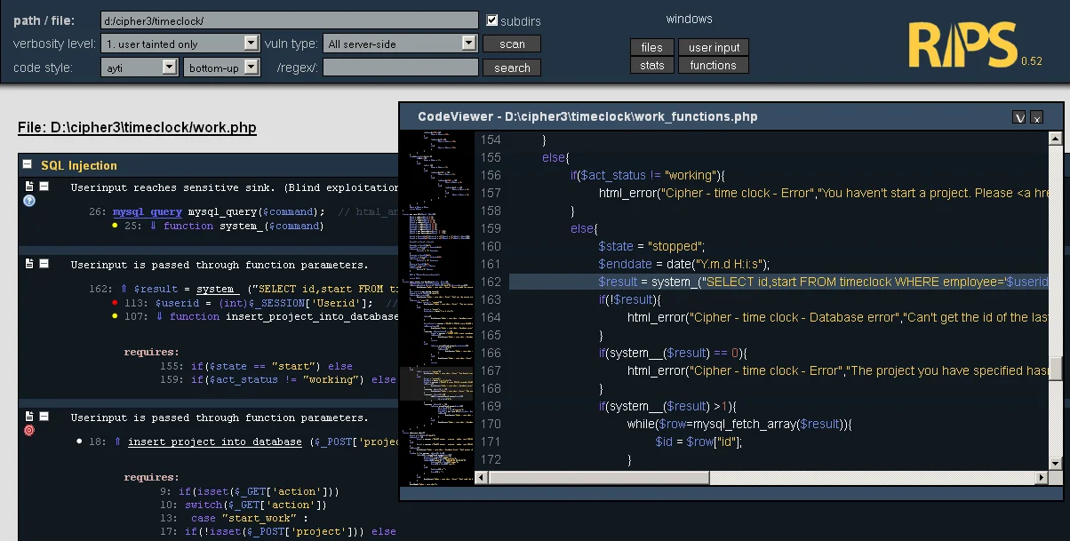 The discontinued RIPS 0.52 scanner showing a SQL Injection finding in work.php with the user-input-reaches-sink trace and the work_functions.php source with the $_SESSION['Userid'] tainted variable flowing into a mysql_query system call - the PHP-specific taint analysis engine now absorbed into SonarQube