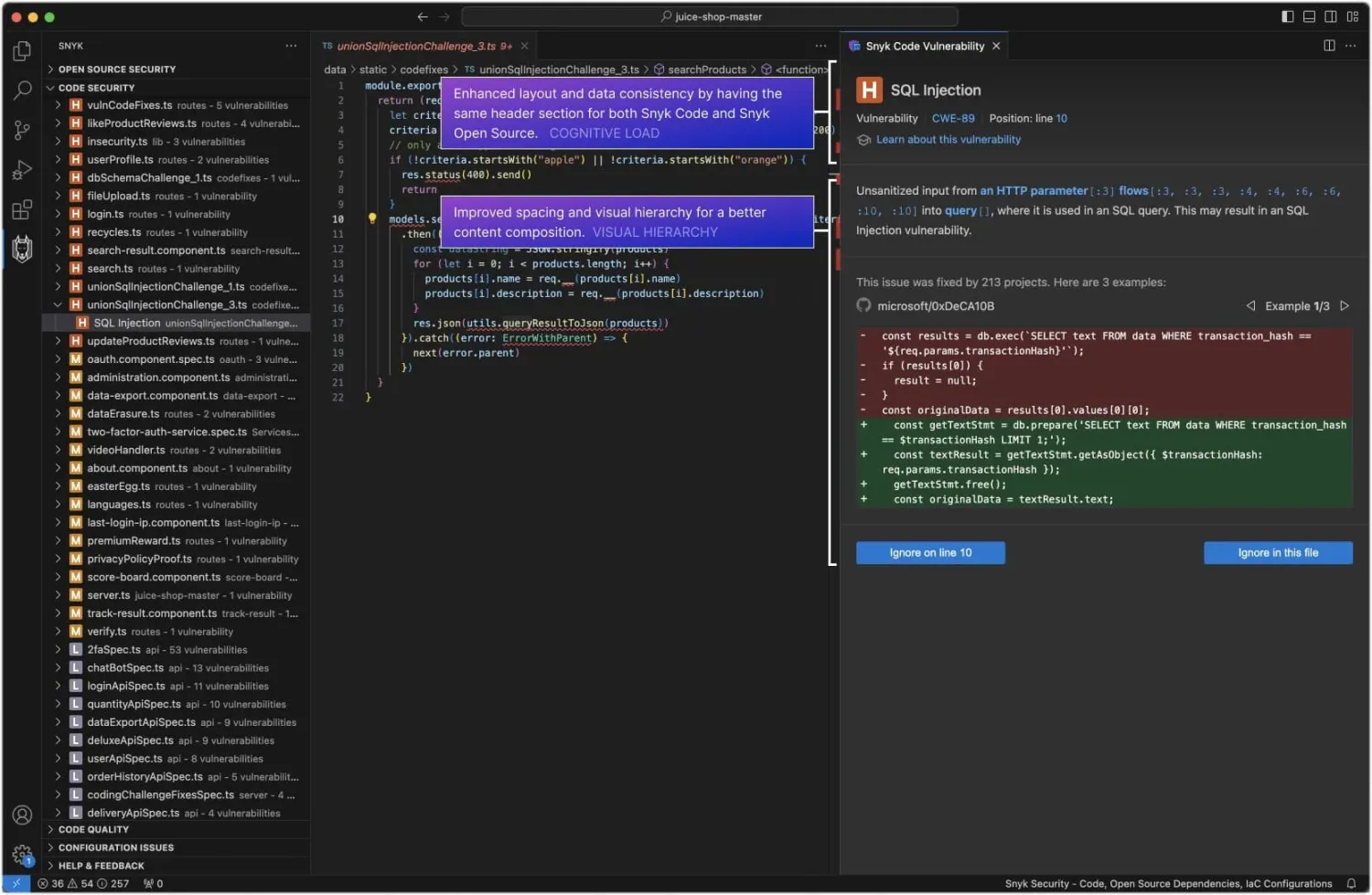 Snyk Code showing Python taint flow analysis with data flow path from source to vulnerable sink