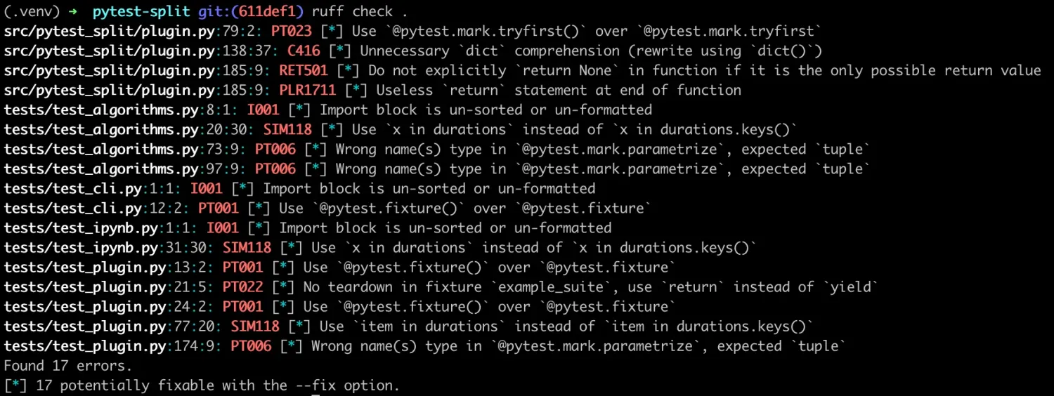 Ruff CLI output running ruff --select OID across a dataset of testsite files, listing PTH123 open() should be Path.open and PTH118 os.path.join replace suggestions across tryfirst.py, tryflaw.py, tryflawtest.py, and multiple testsite/flaws.py entries with line numbers and rule codes