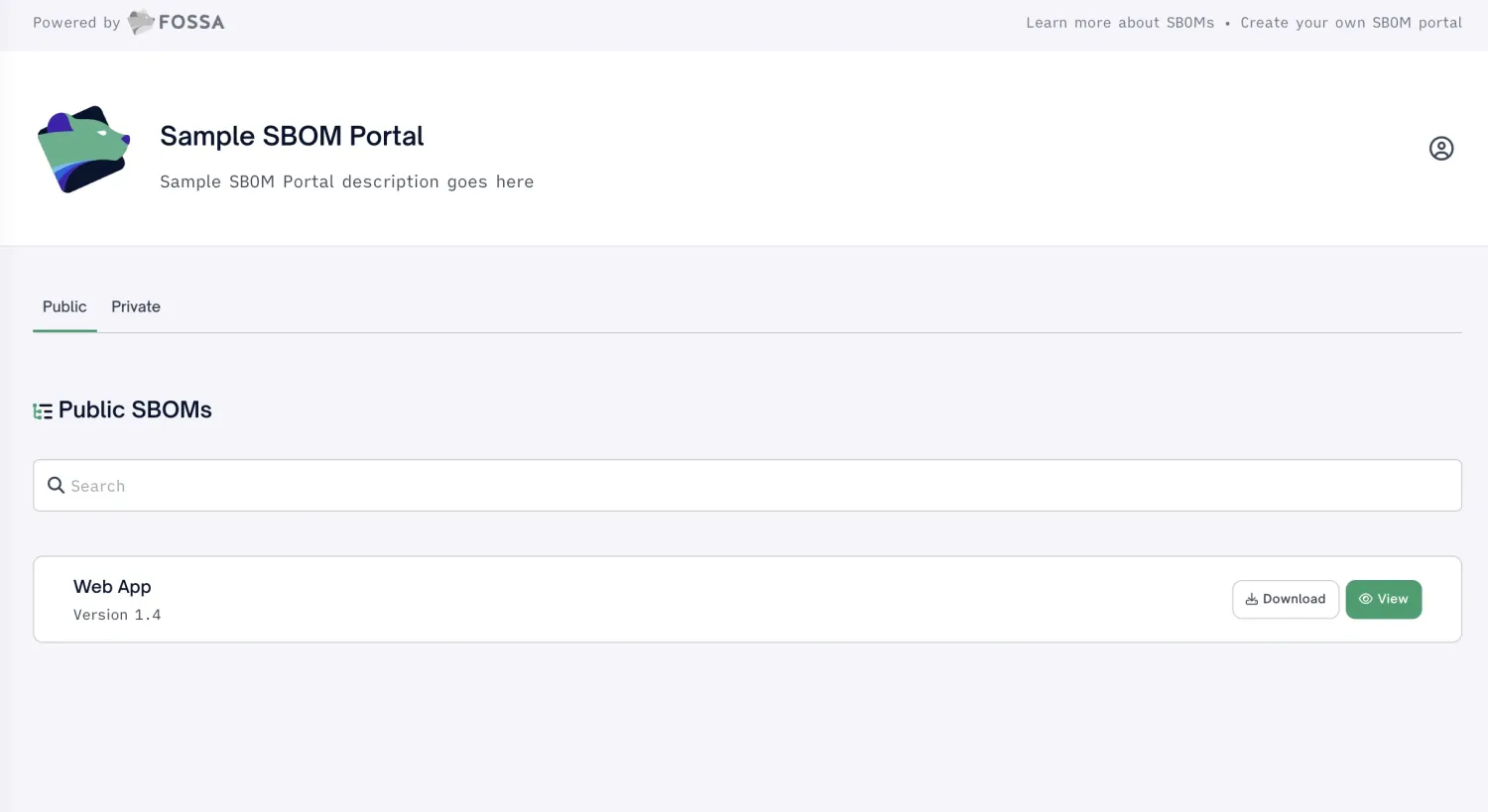 FOSSA Sample SBOM Portal UI showing a centralized distribution portal with Public and Private SBOM tabs, a search bar, and a Web App v1.4 entry with Download and View actions under the 'Powered by FOSSA' header