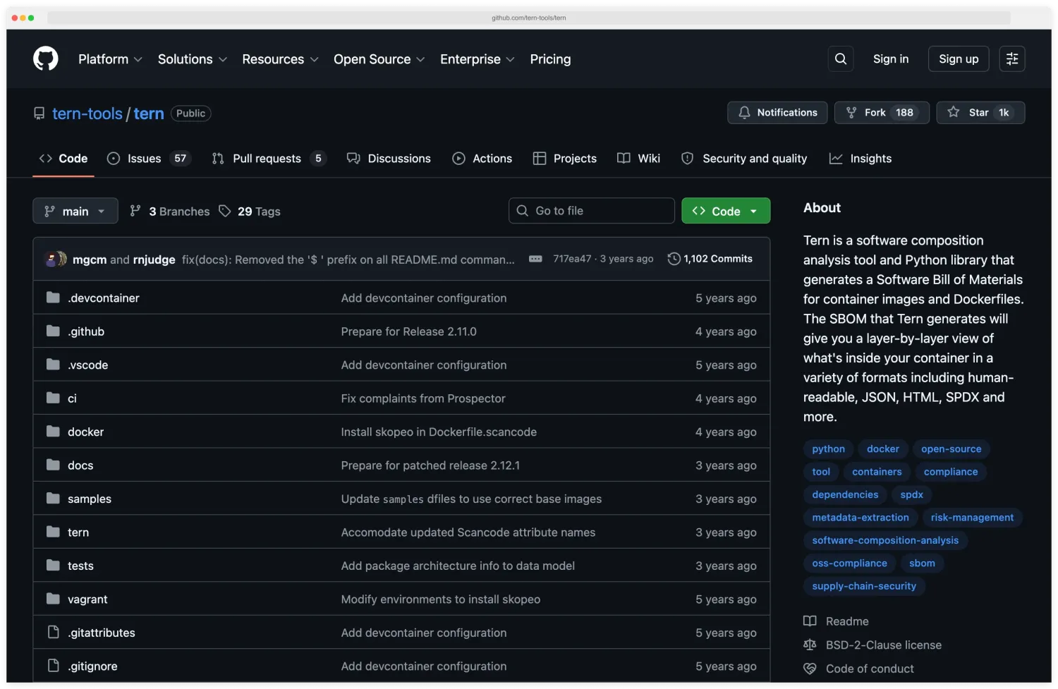Tern GitHub repository README at github.com/tern-tools/tern showing Linux Foundation container layer analysis tool with SPDX and CycloneDX output and per-layer component attribution