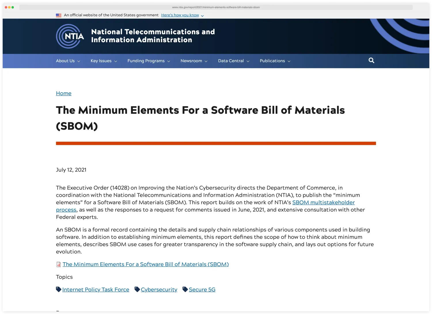NTIA 'The Minimum Elements For a Software Bill of Materials' report page at ntia.gov defining required SBOM fields: supplier name, component name, version, dependency relationships, author, and timestamp
