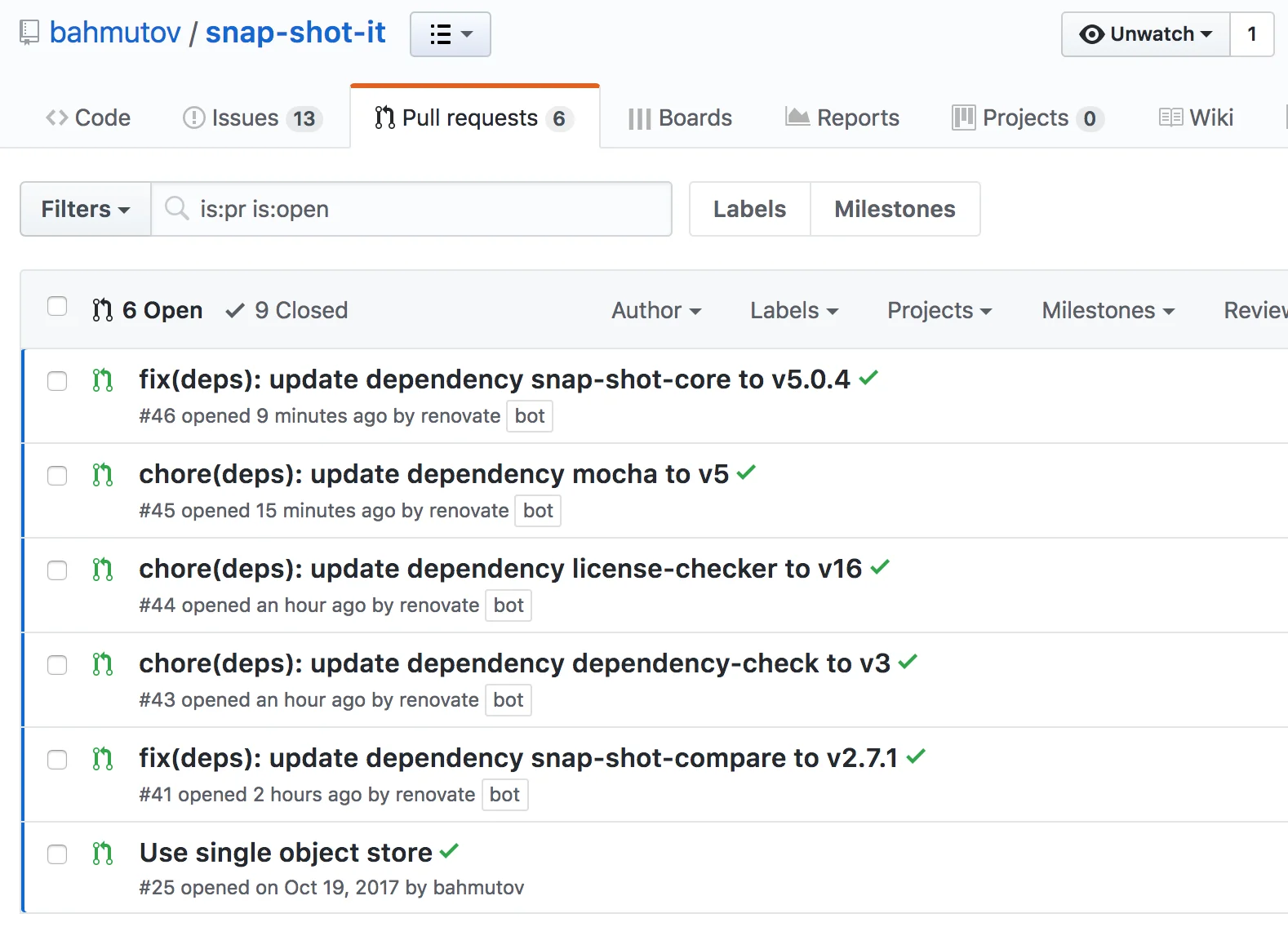 Renovate bot opening multiple dependency update PRs on a GitHub repository, showing automated chore and fix commits for package updates