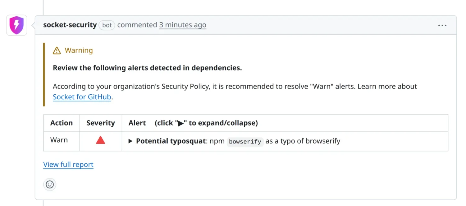 Socket GitHub app bot commenting on a pull request with a Warning alert that a dependency is a Potential typosquat of a popular package, linking to the full Socket report, concrete evidence of the behavioral typosquat detection and PR-blocking workflow described in the prose