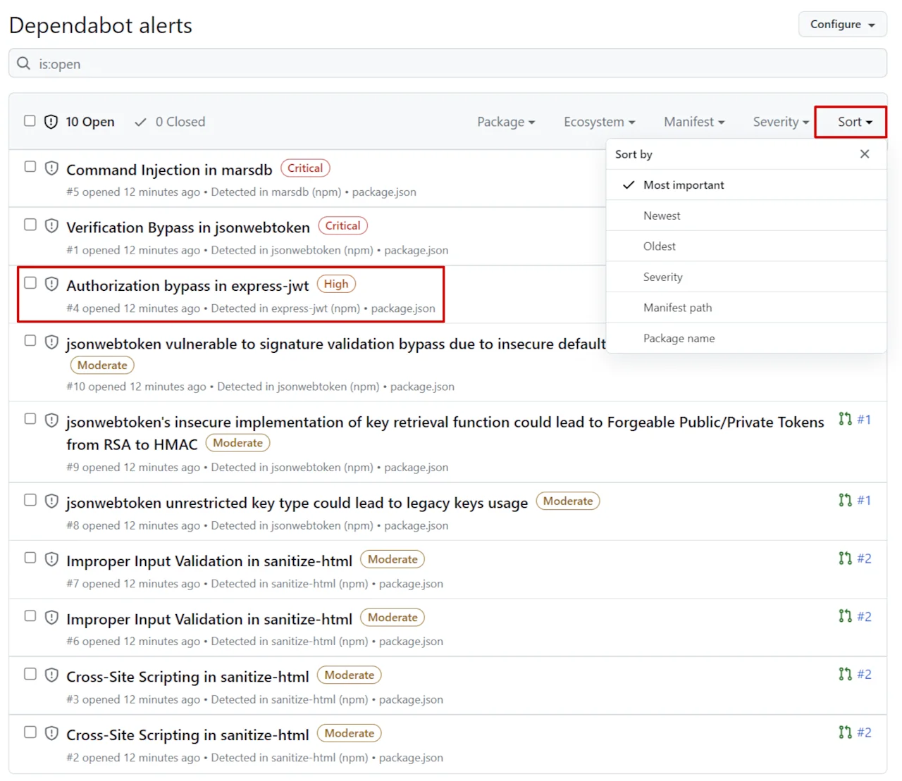 GitHub Dependabot alerts panel listing 10 open advisories on a Python repository including Command Injection in marsdb (Critical), Authorization Bypass in express-jwt (High), and multiple ReDoS findings in jsonwebtoken, sorted by severity, concrete evidence of the advisory surface that Dependabot keeps current for free
