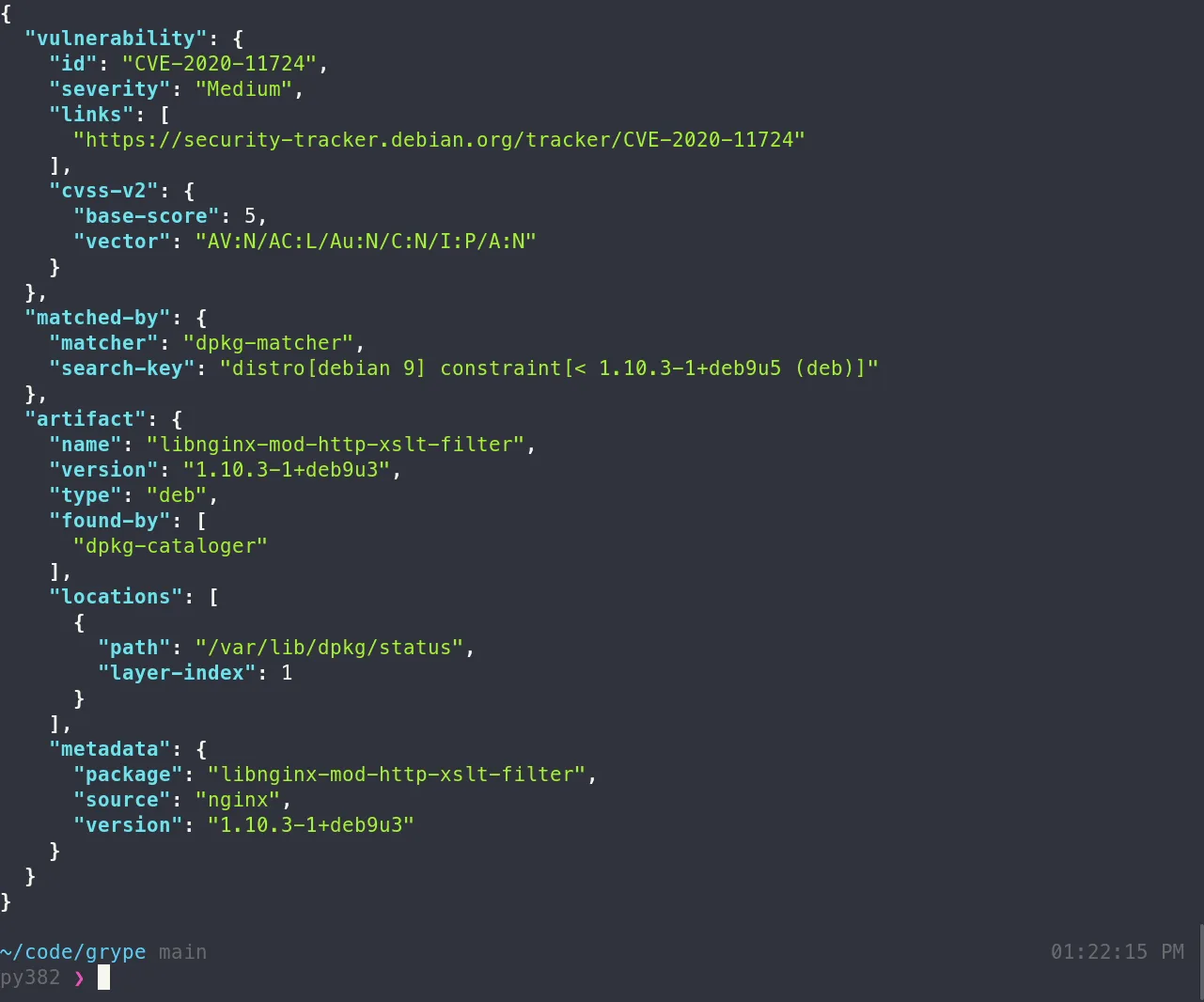 Grype JSON output for a scanned container image showing CVE-2020-11724 at Medium severity, CVSS v2 base score 5, dpkg-matcher detection against a Debian 9 constraint, and the affected libnginx-mod-http-xslt-filter package