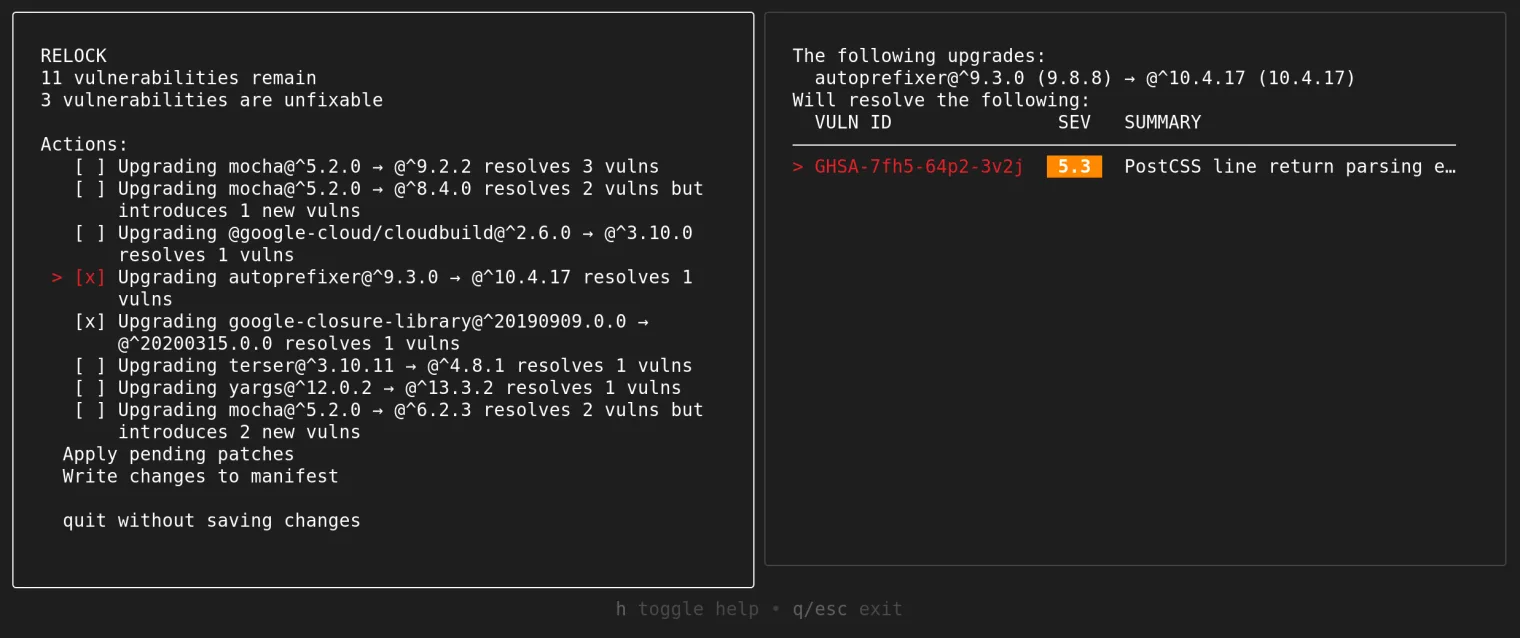 OSV-Scanner guided remediation terminal UI showing a relock workflow with ranked upgrade actions that resolve vulnerabilities, remaining unfixable issues, and a GHSA PostCSS line-parsing advisory with its severity