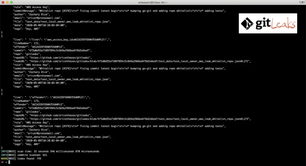 Gitleaks GitHub repository page showing the project README, 26,400+ stars, MIT license, and latest release tags