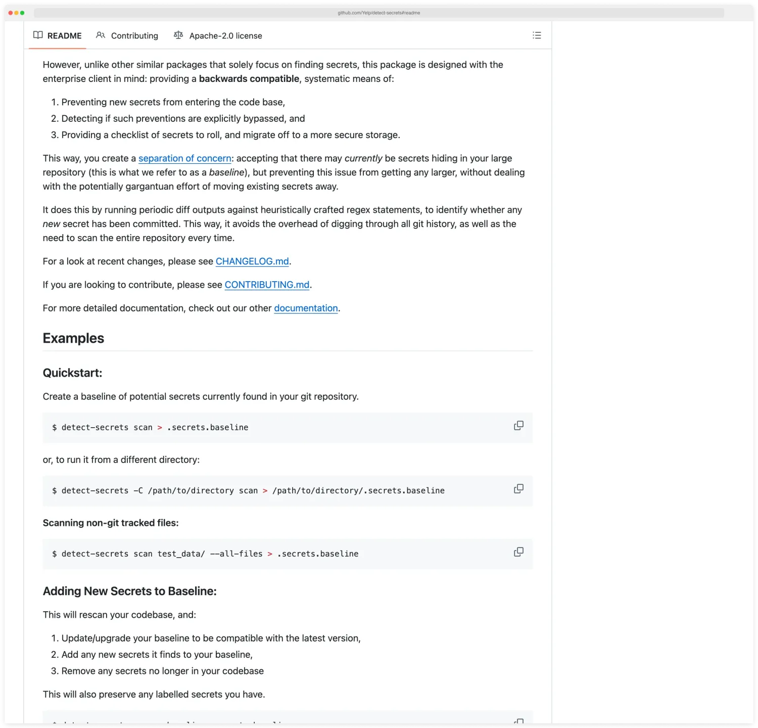 Yelp detect-secrets GitHub repository page showing the Apache 2.0 licensed project with its plugin-based architecture and baseline-file approach