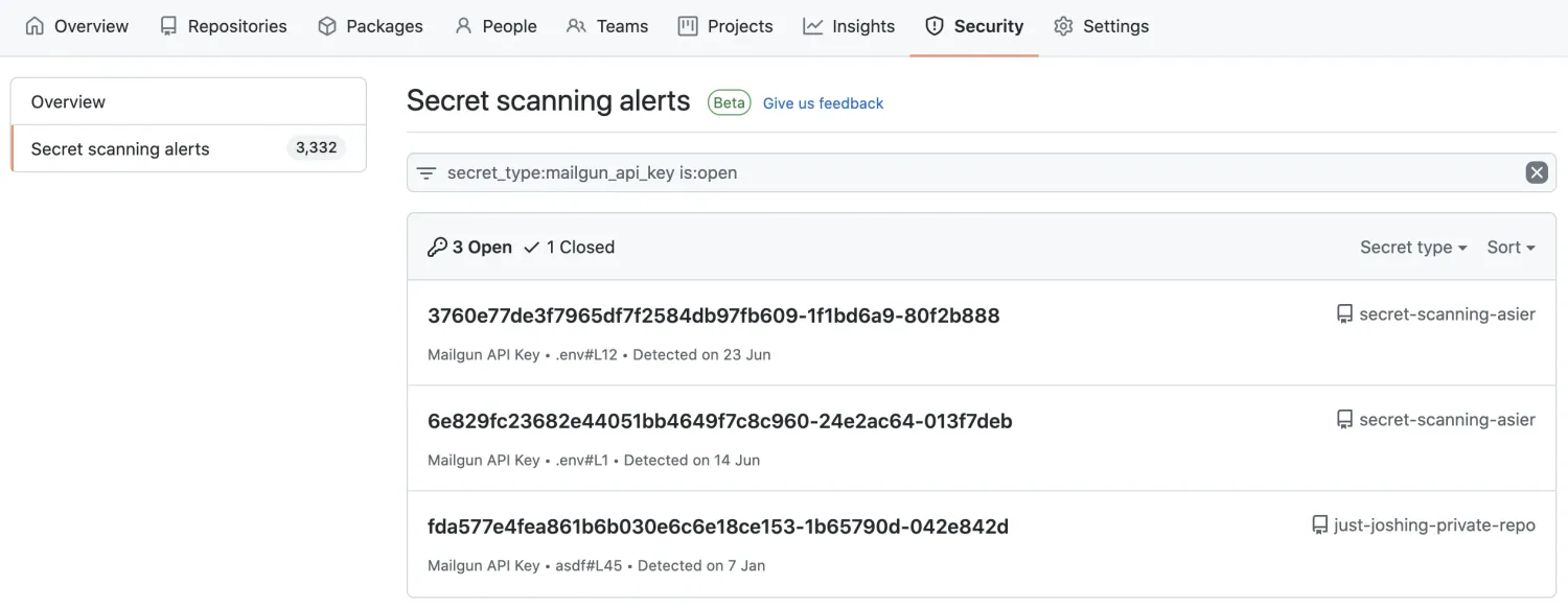 GitHub Docs page describing built-in Secret Scanning with partner-pattern detection and push protection for 300+ service providers including AWS, Google Cloud, Stripe, and Twilio