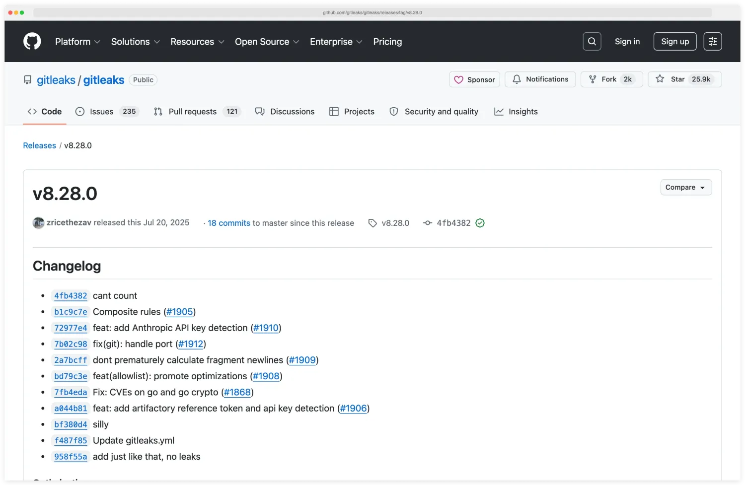 Gitleaks v8.28.0 GitHub release notes page documenting composite rules that combine primary and auxiliary detection patterns with proximity constraints