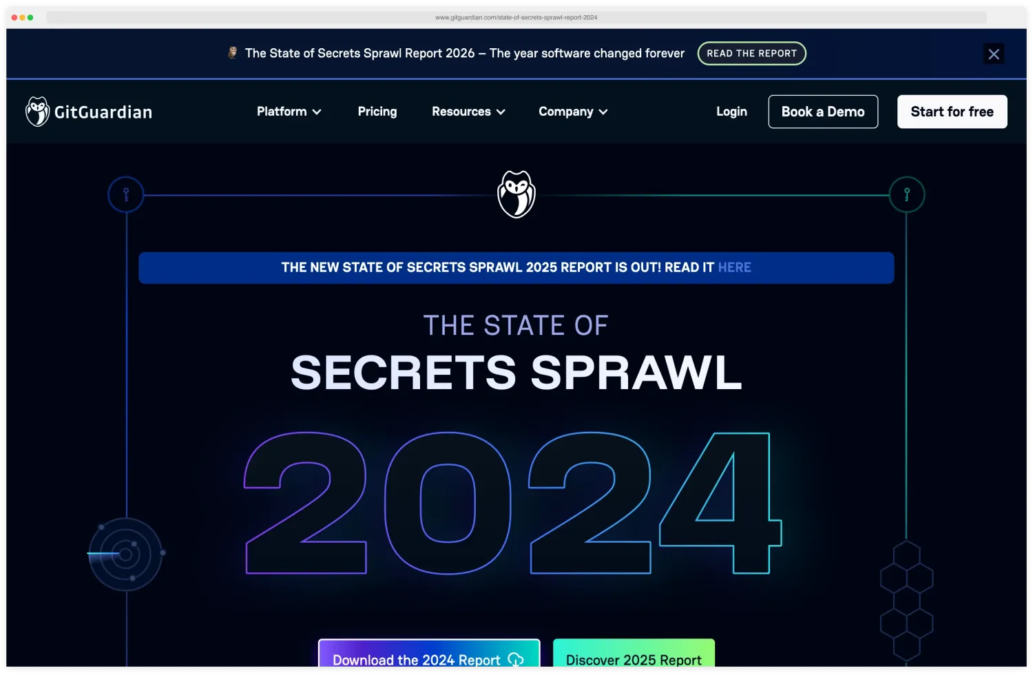 GitGuardian State of Secrets Sprawl 2024 report landing page showing 12.7 million new secrets in public GitHub commits and the 1 in 10 commit authors leaking credentials headline