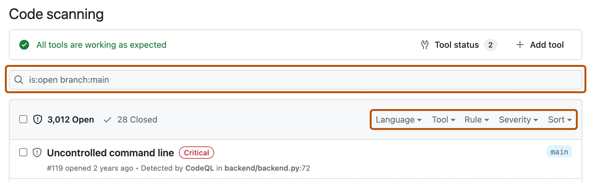 GitHub code scanning alerts page showing CodeQL-detected vulnerabilities with severity filters, language and rule filtering, and critical security findings