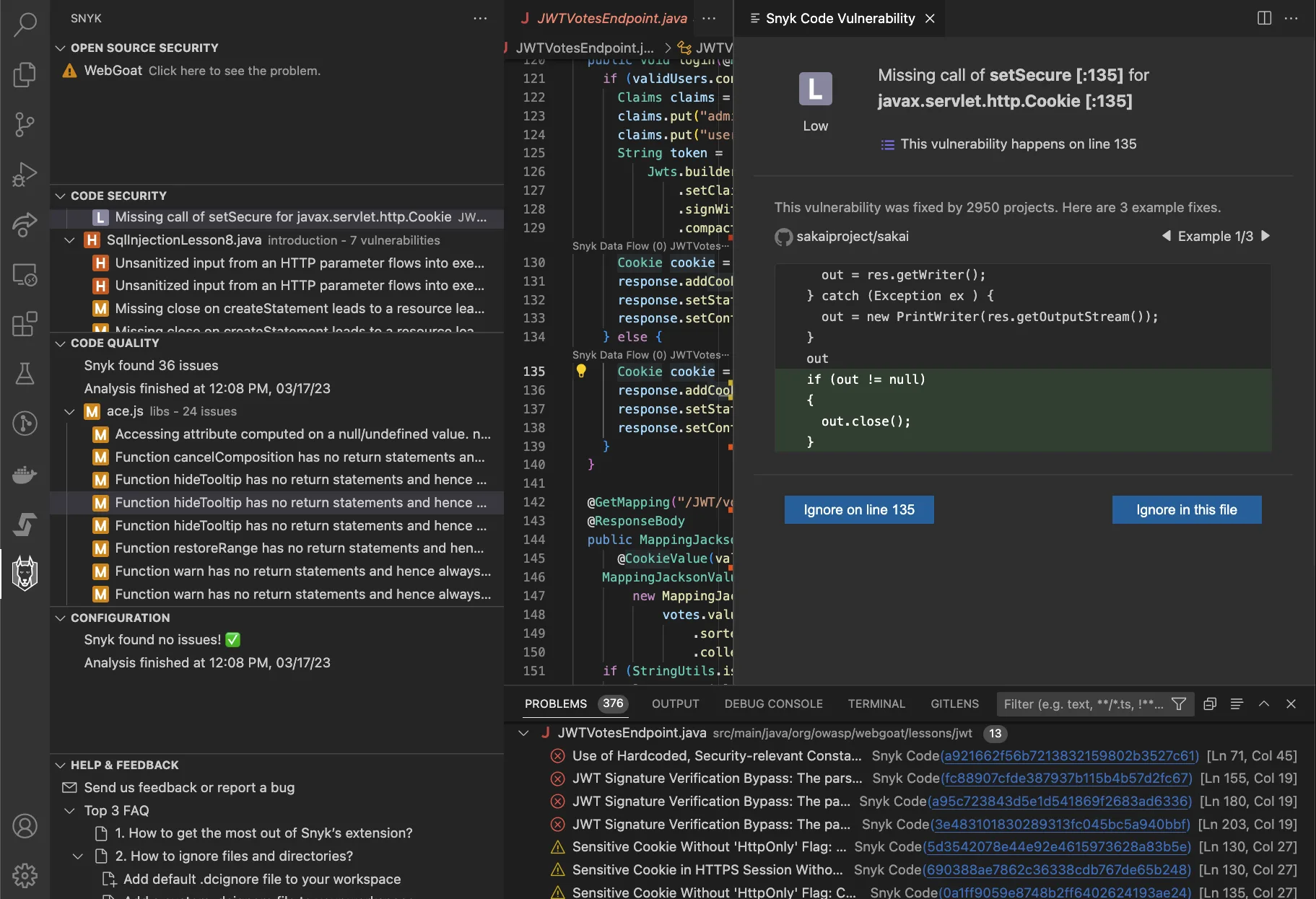 Snyk Code VS Code extension showing real-time vulnerability detection with code security findings, data flow analysis, and example commit fixes in the IDE