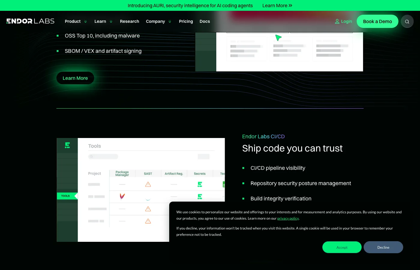 Endor Labs CI/CD security dashboard showing project-level tool coverage for package scanning, SAST, artifact registry, secrets detection, and testing