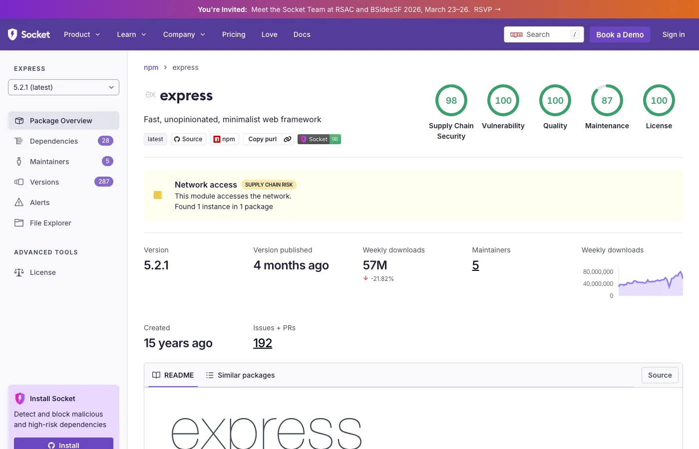 Socket package security analysis dashboard showing health scores for supply chain security, vulnerability, quality, maintenance, and license compliance
