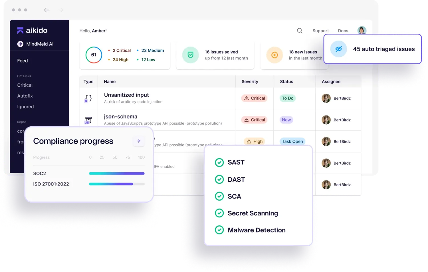Aikido security dashboard showing critical and high issues list with AutoTriage panel, compliance progress tracker for SOC2 and ISO 27001:2022, and scanner coverage checklist (SAST, DAST, SCA, Secret Scanning, Malware Detection all active)