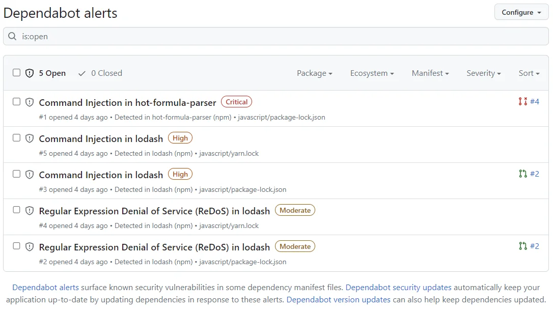 GitHub Dependabot alerts list showing 5 open vulnerabilities including Critical Command Injection in hot-formula-parser and High Command Injection in lodash, detected across npm package manifests