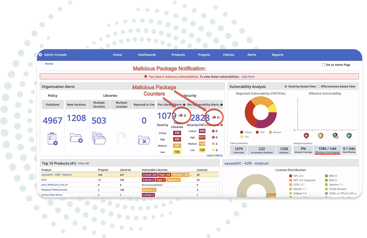 Mend SCA dashboard showing a malicious package detection with impact analysis, affected repositories, and remediation workflow for a compromised npm dependency