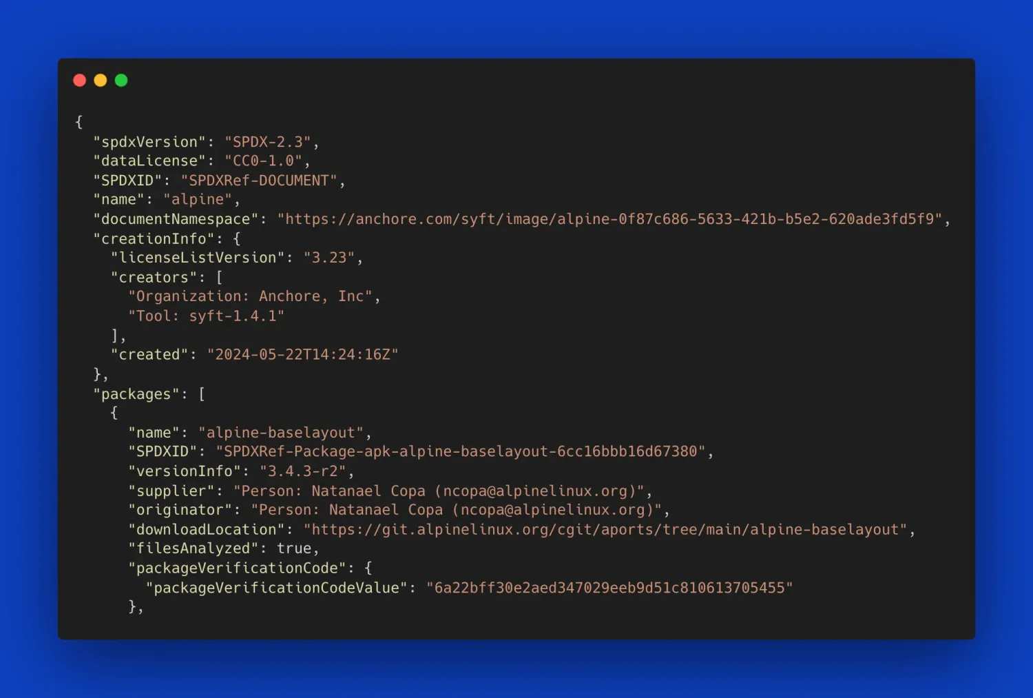 Syft v1.4.1 terminal output producing an SPDX-2.3 JSON SBOM for an alpine:latest container, packages array visible in the serialized bill of materials