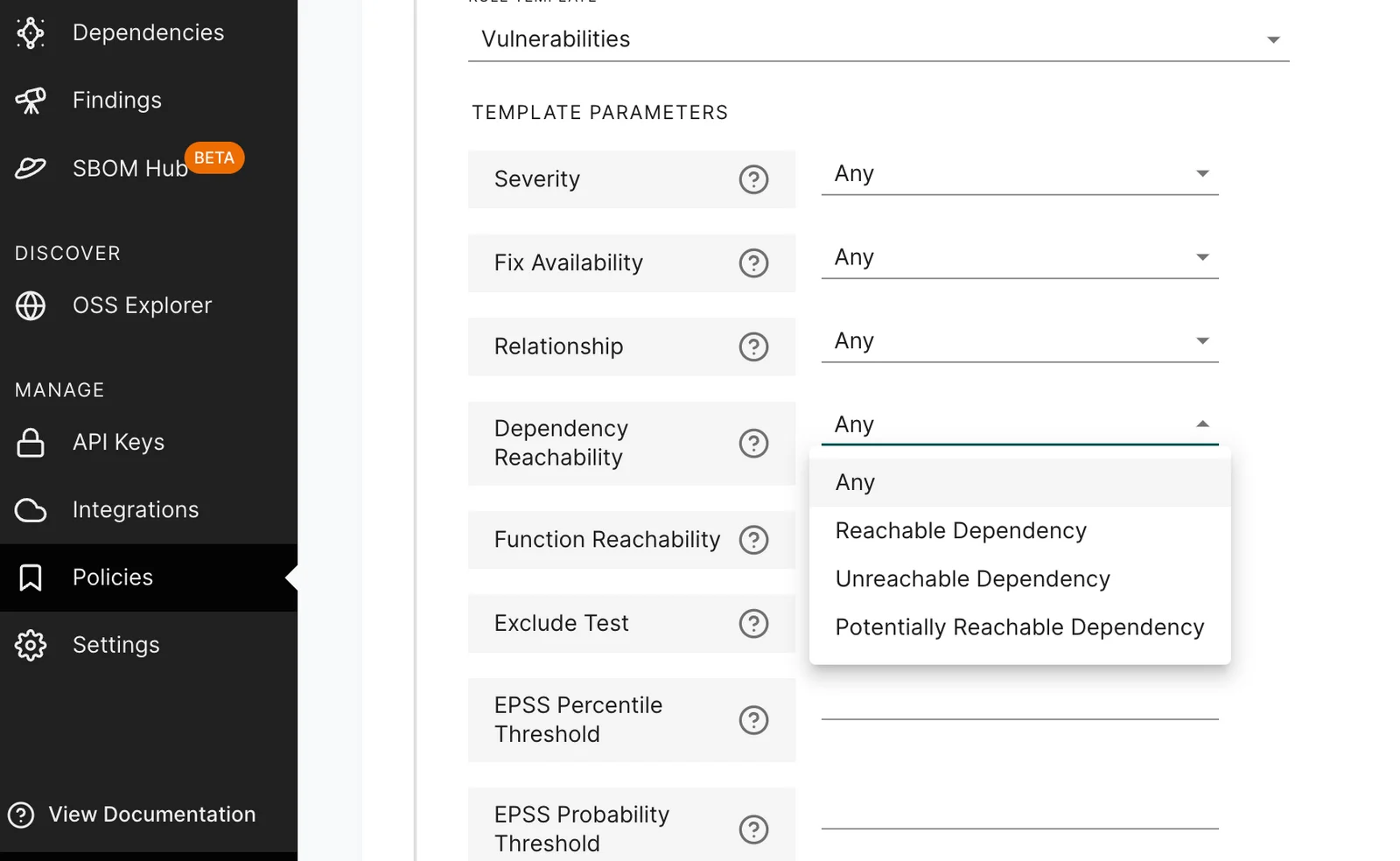 Endor Labs dashboard showing the Vulnerabilities policy template with a Dependency Reachability dropdown (Any / Reachable / Unreachable / Potentially Reachable), plus left nav for Dependencies, Findings, SBOM Hub, and OSS Explorer