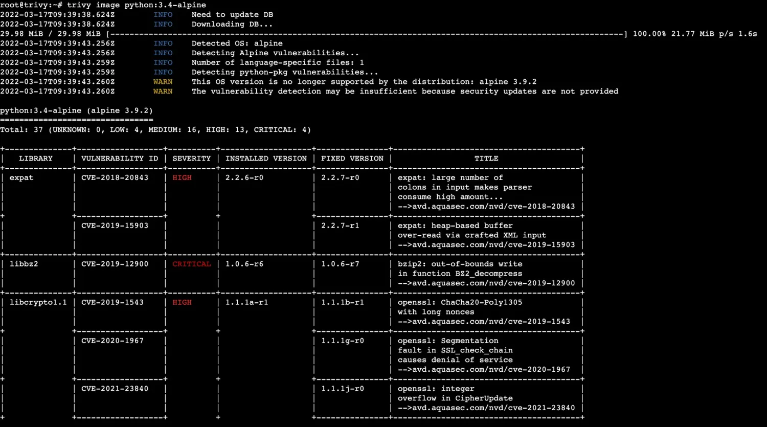 Real trivy image scan output on python:3.4-alpine with DB download progress, severity totals (16 Medium / 13 High / 6 Critical) and six-column findings table: Library, Vulnerability ID, Severity, Installed Version, Fixed Version, Title