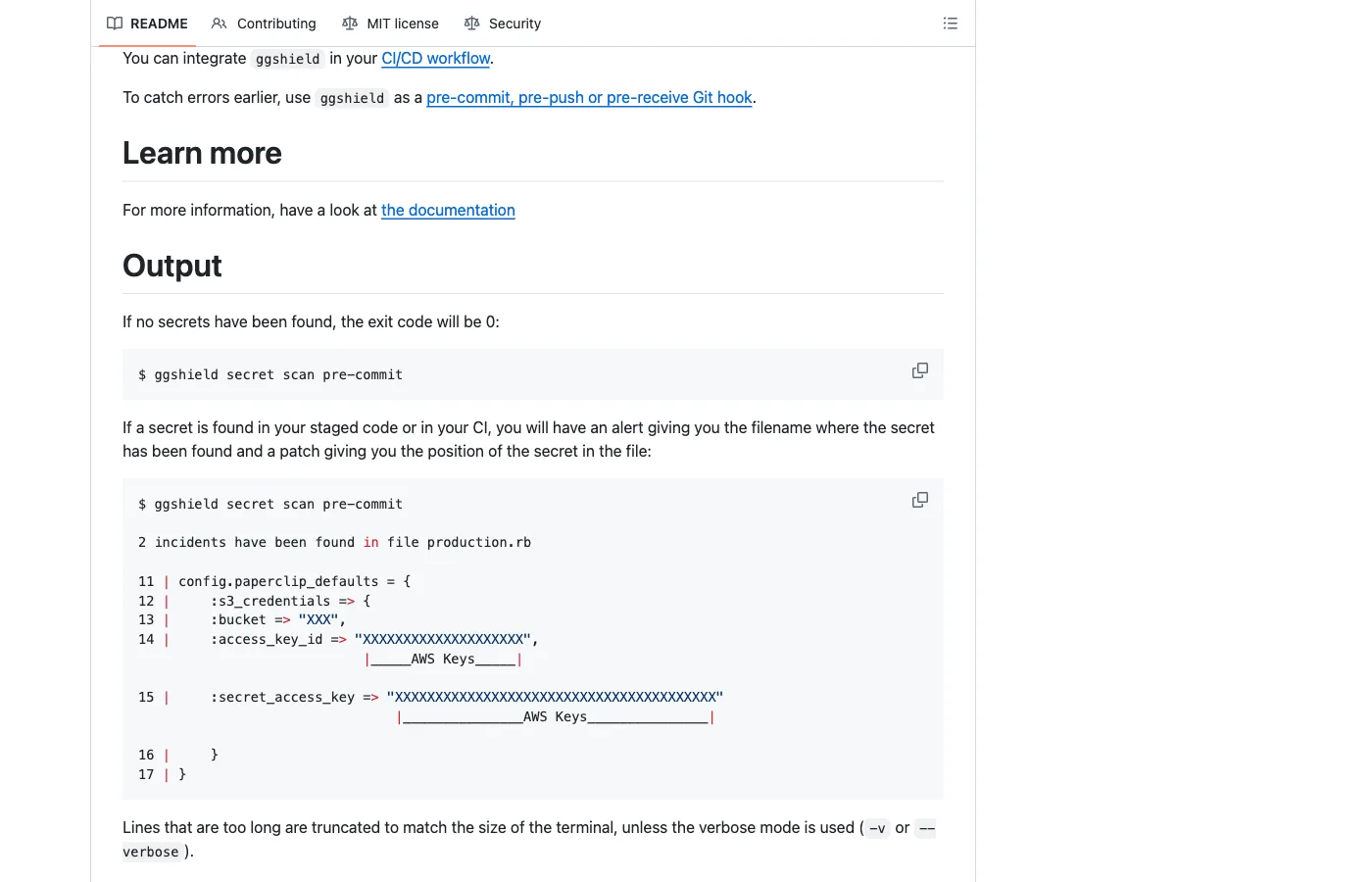 GitGuardian ggshield CLI detecting AWS access keys in a pre-commit scan, showing the file path, line numbers, and masked credential values