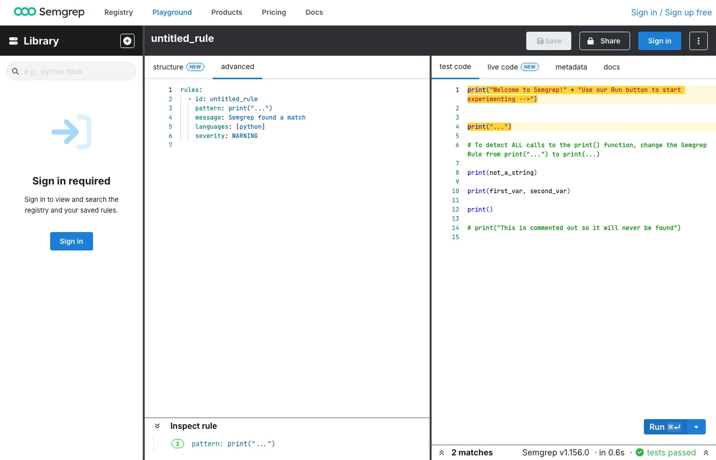 Semgrep Playground showing a custom YAML rule matching Python print statements, with highlighted code matches and test results in 0.6 seconds
