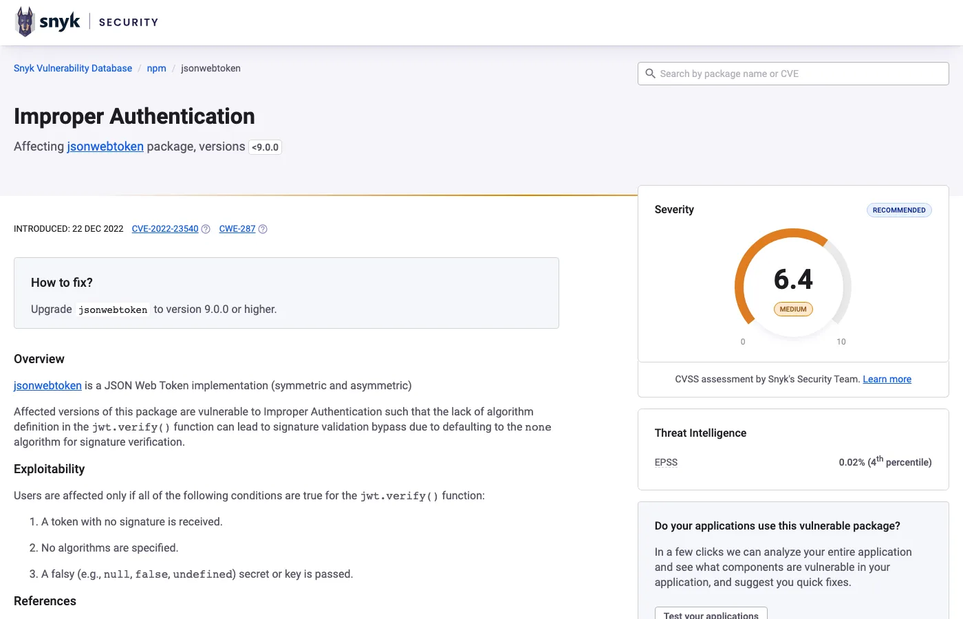 Snyk vulnerability detail page showing an Improper Authentication issue in jsonwebtoken with CVSS 6.4 severity score, fix guidance, and threat intelligence