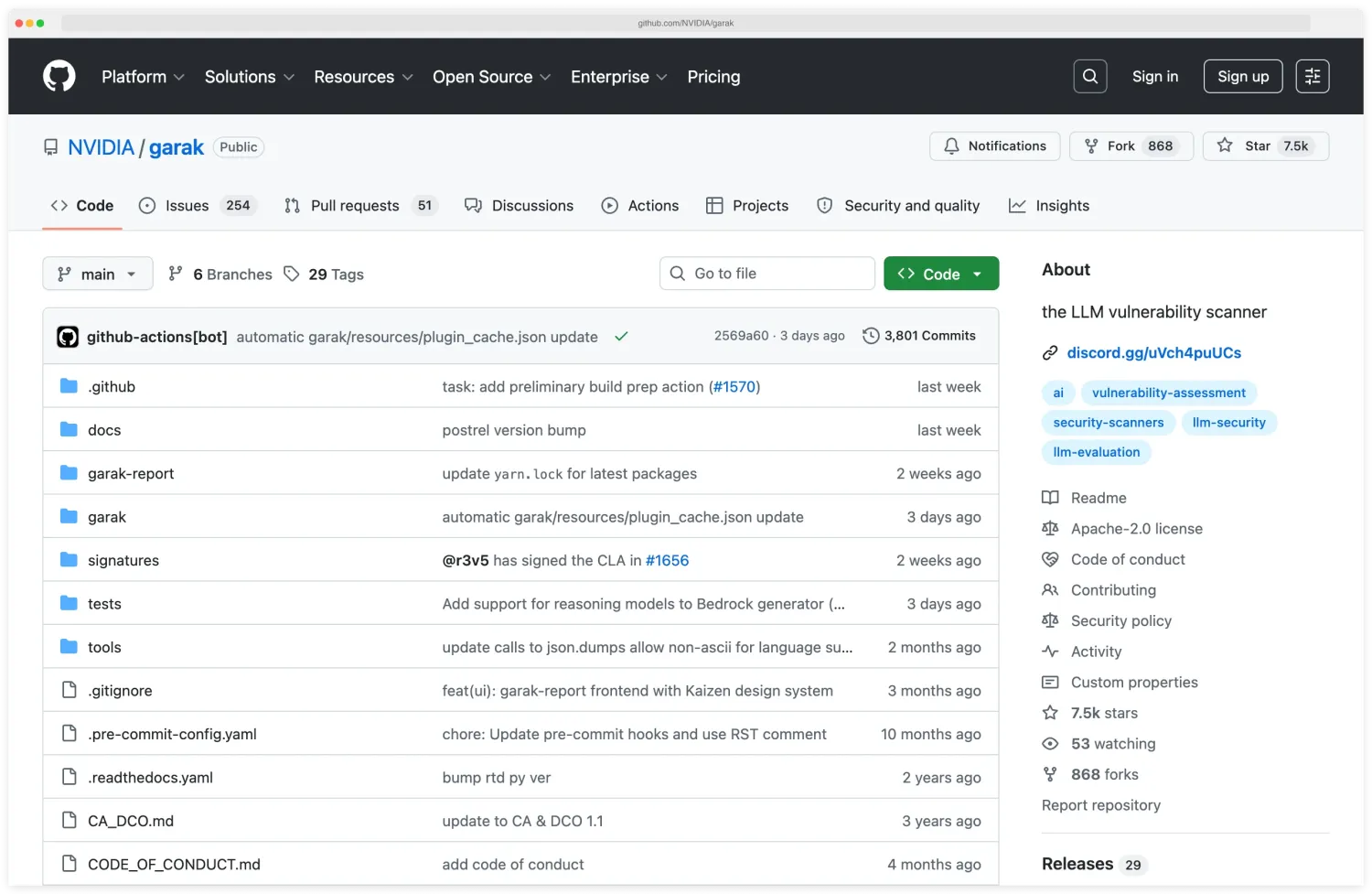 NVIDIA Garak GitHub repository showing 7,500+ stars and project structure for the open-source LLM vulnerability scanner