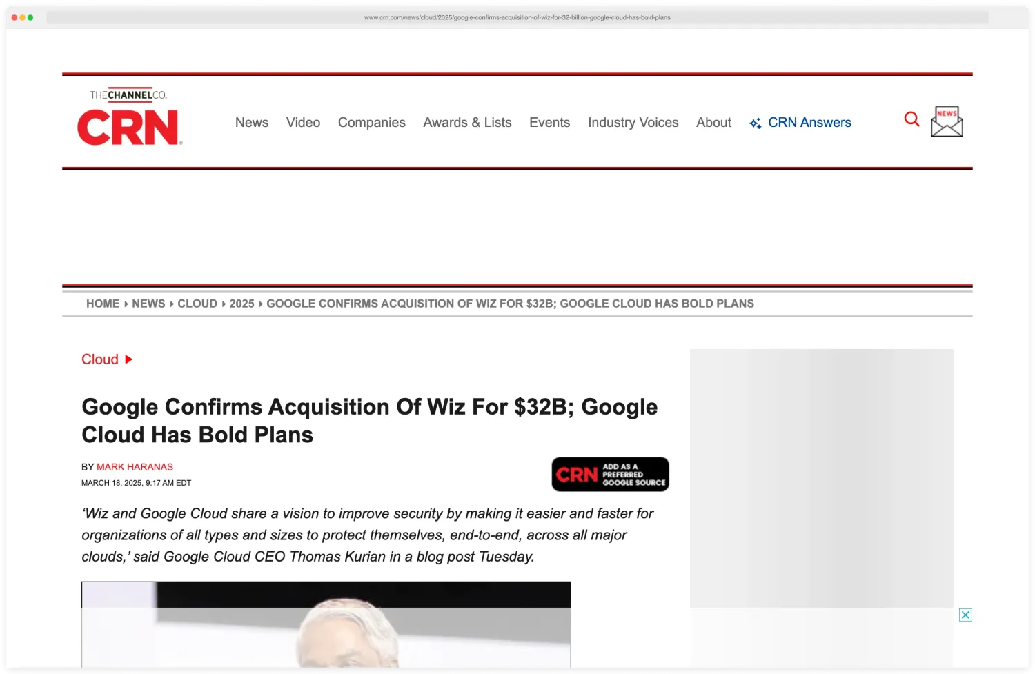 CRN headline: Google Confirms Acquisition Of Wiz For $32 Billion