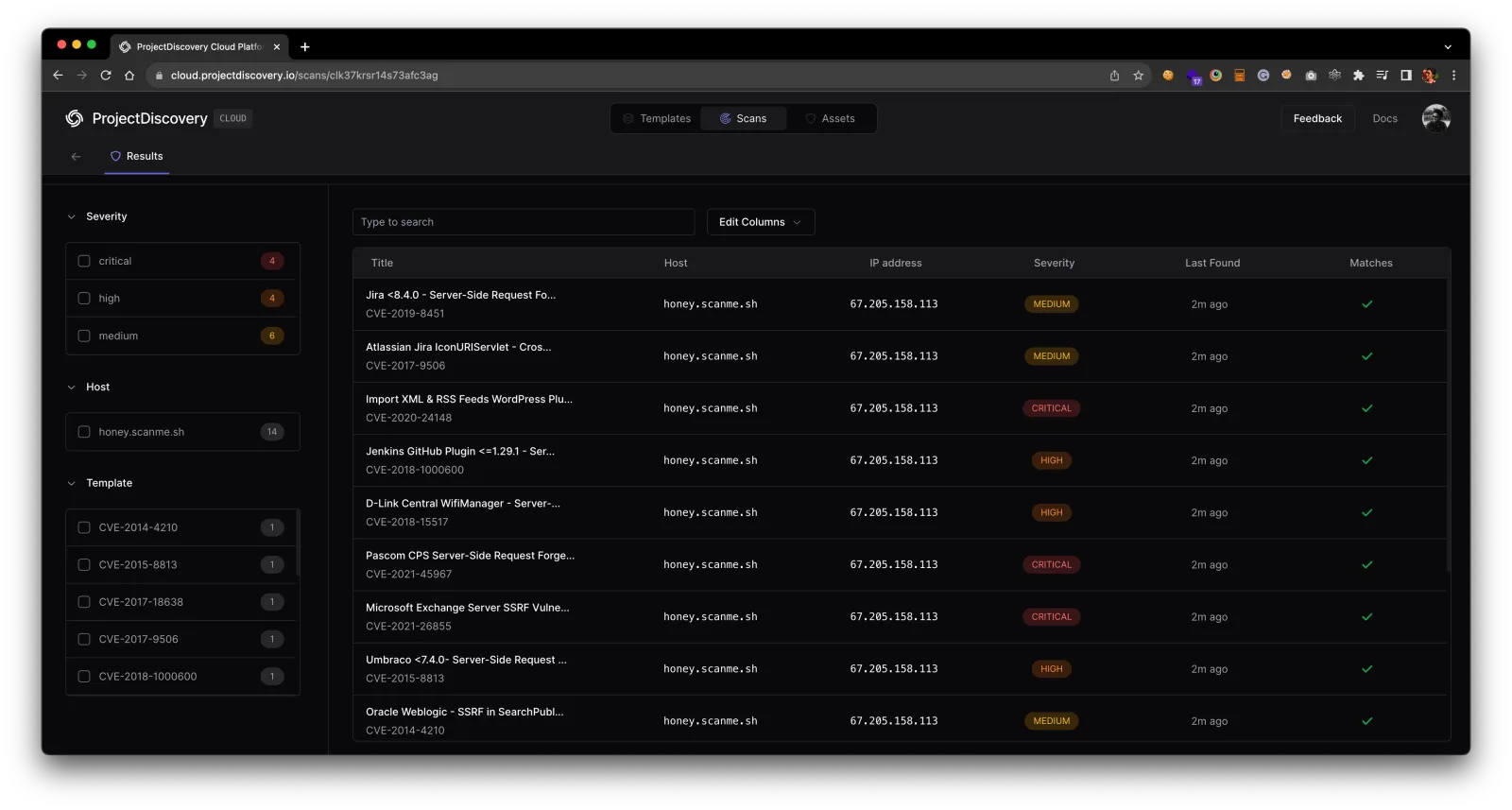 ProjectDiscovery Cloud Platform showing Nuclei scan results with CVE findings, severity levels, host targets, and template matches across multiple vulnerability types