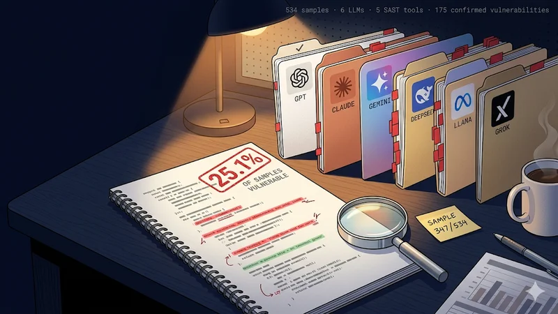 Research desk scene with 6 LLM-branded folders (GPT, Claude, Gemini, DeepSeek, Llama, Grok), an open code notebook stamped 25.7% VULNERABLE, and a magnifying glass lit by a warm desk lamp