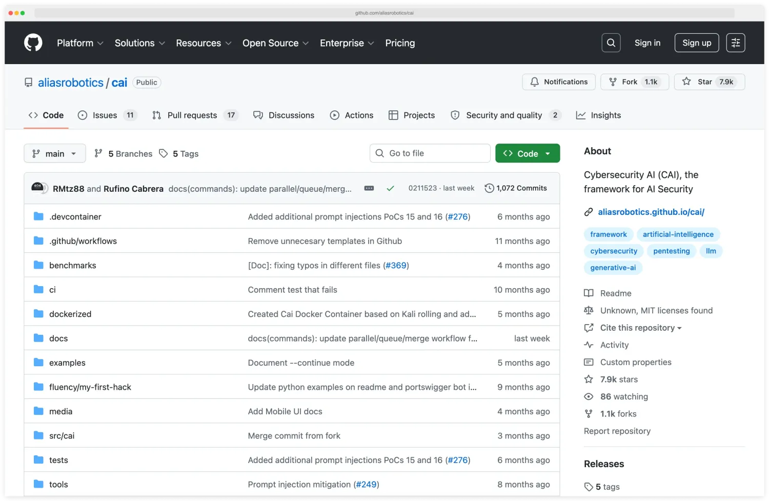 CAI (Cybersecurity AI) GitHub repository showing bug bounty-ready framework with 300+ model backends, built-in security tools, and self-hosted LLM support