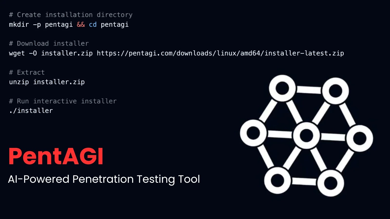 PentAGI AI-powered penetration testing tool page showing 14,700+ stars, Go language, and Docker-based multi-agent architecture