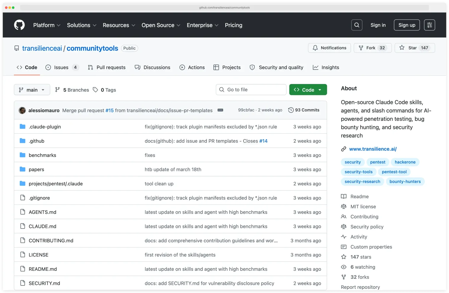 Transilience Community Tools GitHub repository with 23 skills and 8 agents