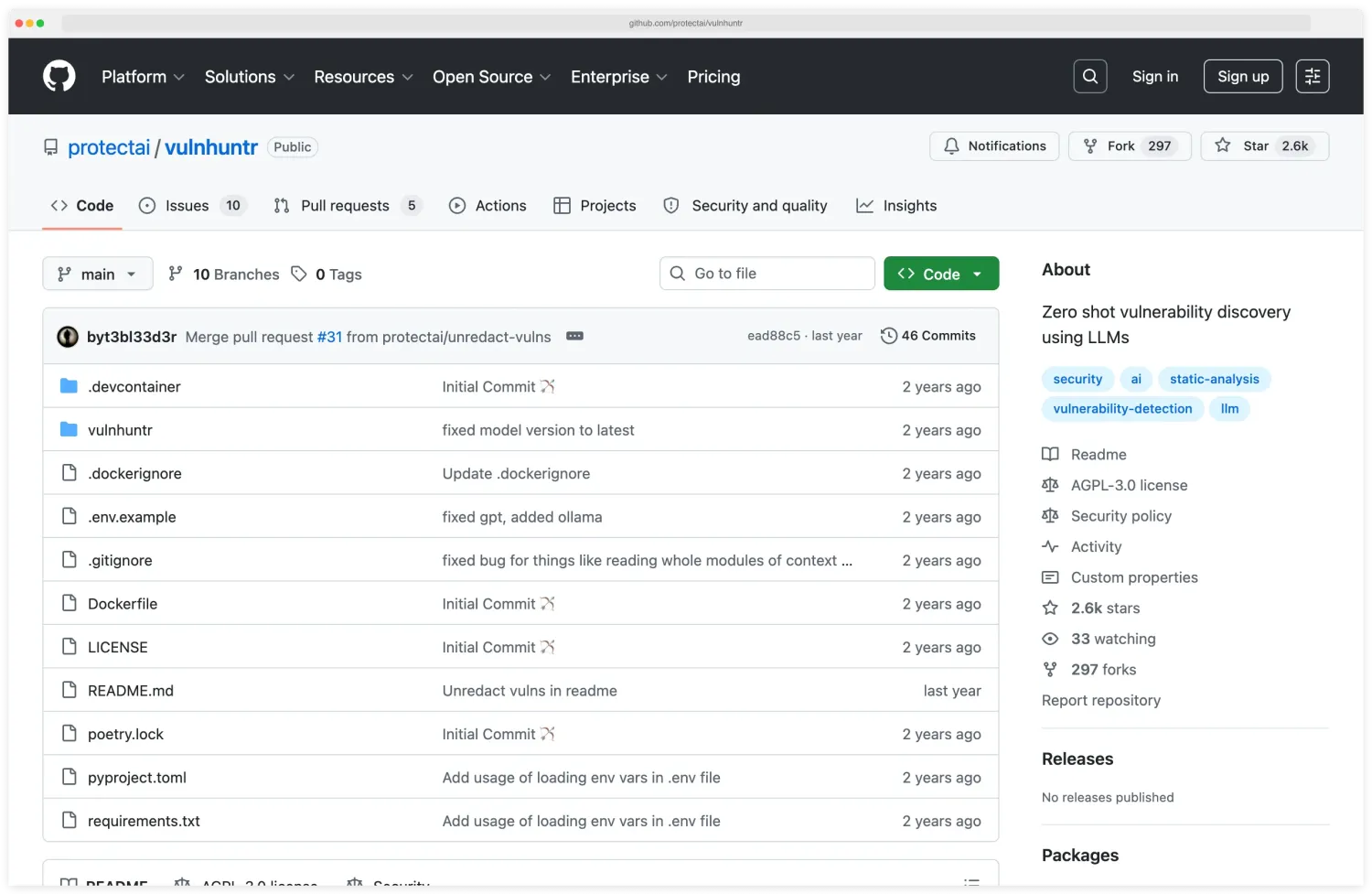 VulnHuntr GitHub repository by Protect AI showing LLM-powered static analysis that found 12+ zero-days