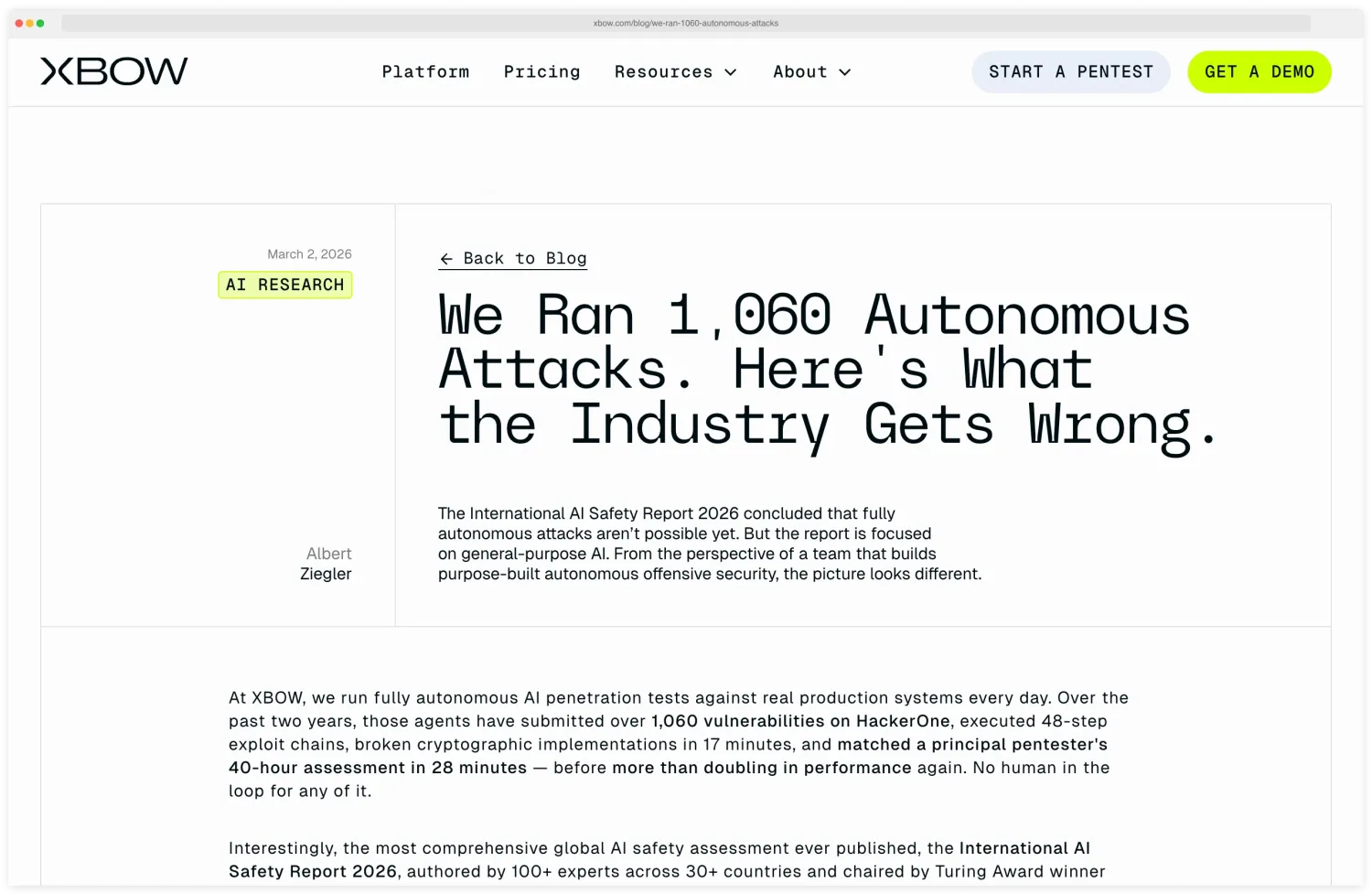 XBOW blog post detailing 1,060 autonomous attacks run on HackerOne, including 48-step exploit chains