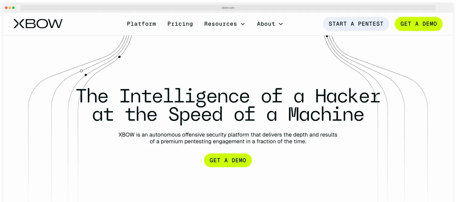 XBOW homepage showing autonomous security testing platform founded by Oege de Moor, creator of GitHub Copilot