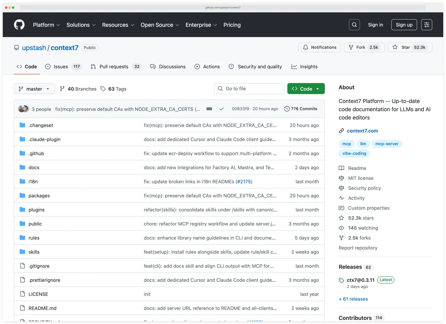 context7 GitHub repository at upstash/context7 showing 52.3K stars, 14.5K watching, 2.5K forks, and 117 open issues — tagged mcp, llm, mcp-server, and vibe-coding, described as the Context7 Platform for up-to-date code documentation for LLMs and AI code editors