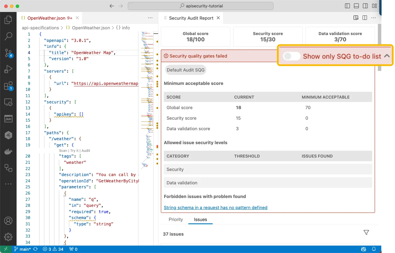 42Crunch API Security Audit issues list in VS Code showing severity levels