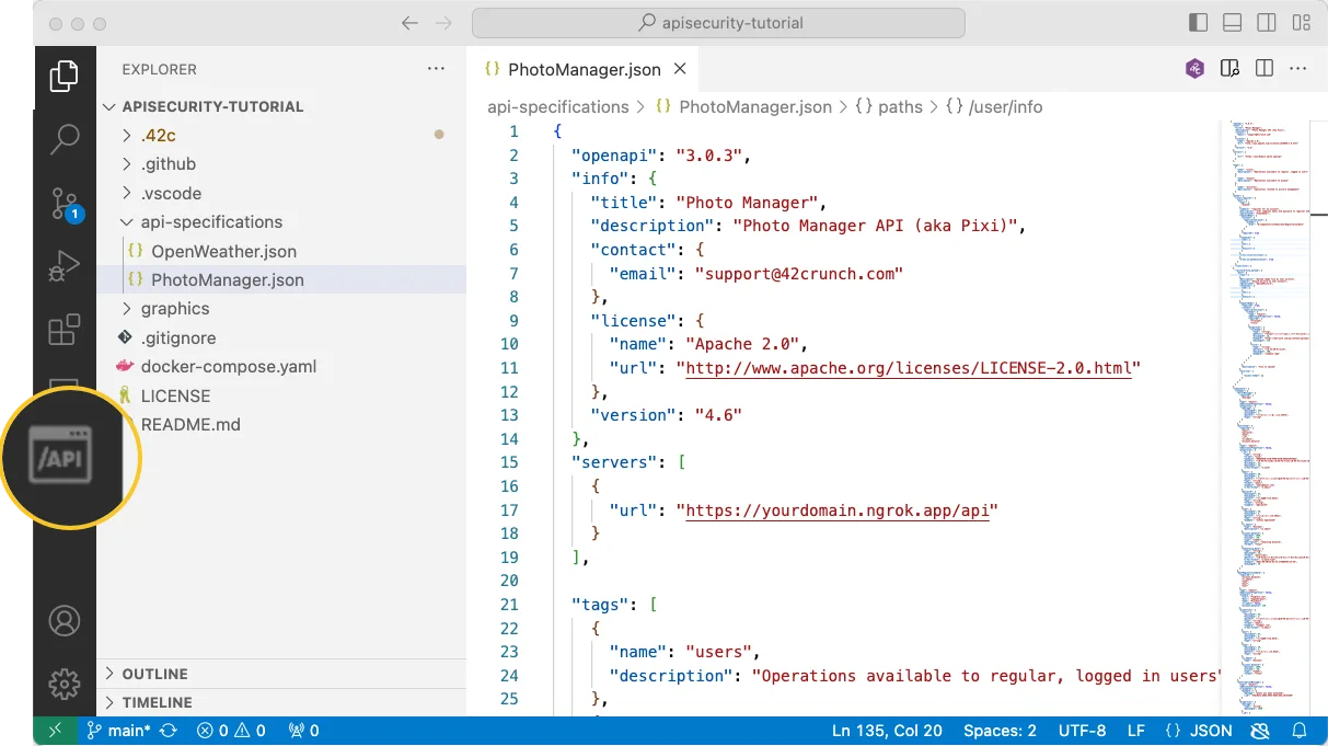 42Crunch OpenAPI Explorer in VS Code showing API structure navigation