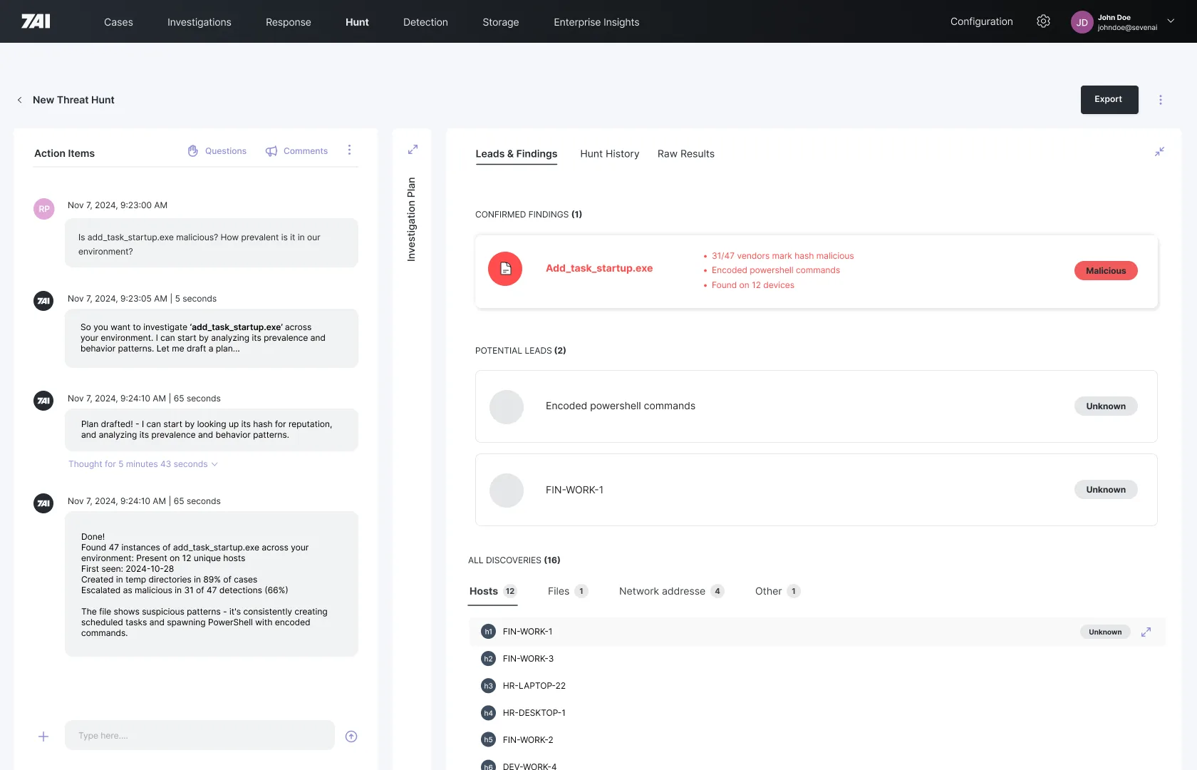 7AI Hunt view where an agent investigates a suspicious executable and reports confirmed findings, leads, and affected hosts