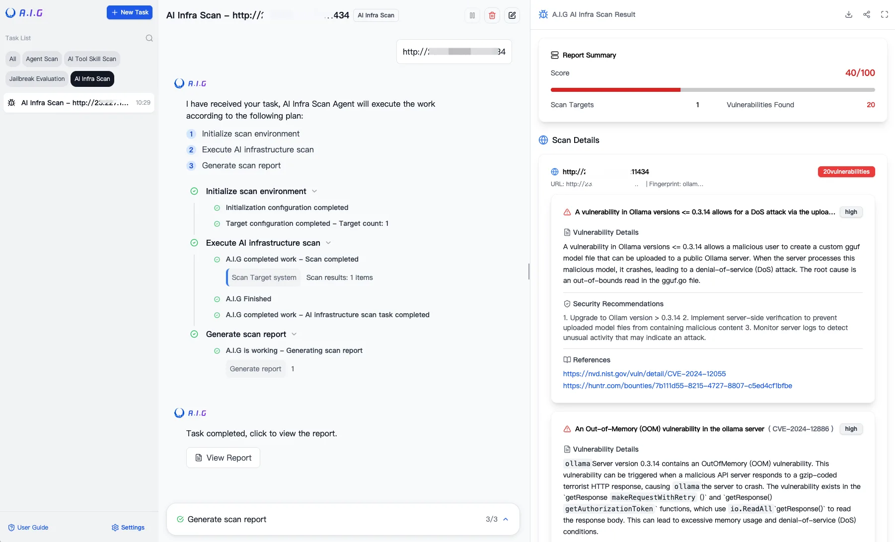 AI-Infra-Guard AI infrastructure scan showing an Ollama finding, vulnerability count, and remediation references